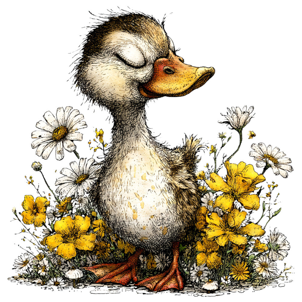 duck, waterfowl, animal, birds, floral, flowers, daisies, buttercups, yellow flowers, white flowers, gold, cream, brown, tan, black, rust orange, red orange, nature, botanical, garden, spring, summer, whimsical, storybook, vintage illustration, children's, farmyard, pastoral, charming, cottagecore
