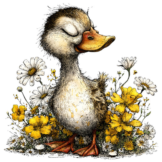 duck, waterfowl, animal, birds, floral, flowers, daisies, buttercups, yellow flowers, white flowers, gold, cream, brown, tan, black, rust orange, red orange, nature, botanical, garden, spring, summer, whimsical, storybook, vintage illustration, children's, farmyard, pastoral, charming, cottagecore