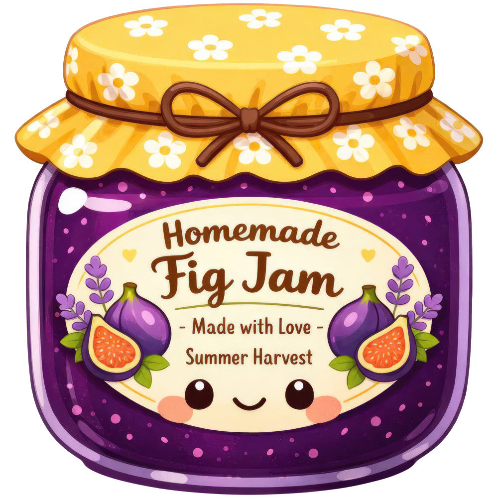 purple, yellow, gold, brown, cream, floral, daisy, fig, fruit, jam, whimsical, cute, kawaii, summer, harvest, homemade, kitchen, food theme, botanical, decorative, cheerful, folk art, rustic, vintage inspired, spring flowers, bow ribbon, sweet, cottage core, country style