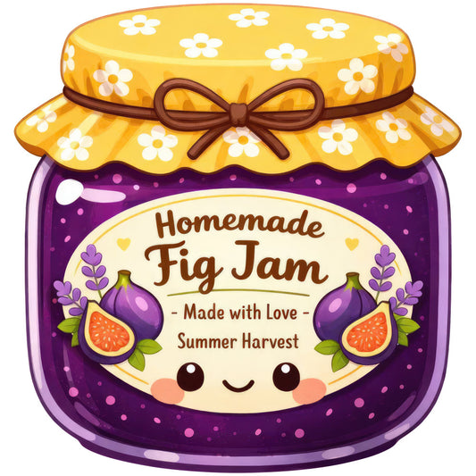 purple, yellow, gold, brown, cream, floral, daisy, fig, fruit, jam, whimsical, cute, kawaii, summer, harvest, homemade, kitchen, food theme, botanical, decorative, cheerful, folk art, rustic, vintage inspired, spring flowers, bow ribbon, sweet, cottage core, country style