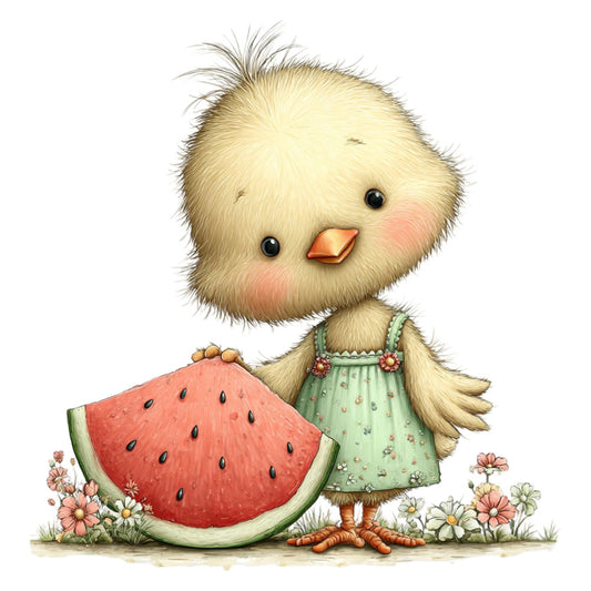 cute chick, watermelon, spring, summer, pastel yellow, cream, coral pink, sage green, whimsical, animals, birds, farmhouse, baby, children's, floral, daisies, sweet, playful, nursery, springtime, nature, country, adorable, illustration, storybook, tender, botanical, vintage style, gentle