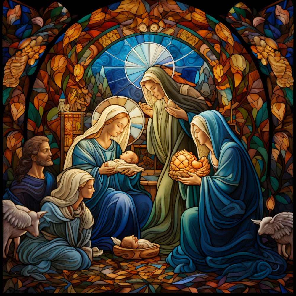 nativity scene, stained glass, fabric panel, religious imagery, baby jesus, mary, joseph, angels, holy family, blue robes, golden halos, amber glass, cobalt blue, emerald green, ornate border, christmas theme, sacred art, quilting cotton, devotional scene, biblical characters