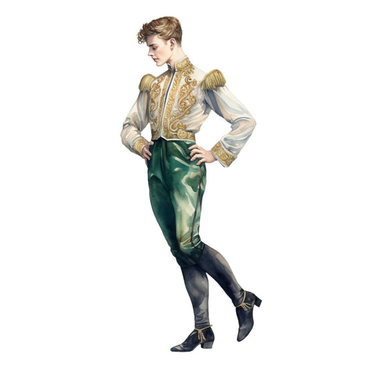 cream, gold, forest green, dark navy, elegant, vintage, historical, military, ornate, embroidered details, scrollwork, decorative trim, regency, period costume, classical, sophisticated, formal wear, equestrian, traditional, ornamental, woman figure, fashion illustration, nineteenth century, officer coat, decorative embroidery, boots, high fashion, timeless, refined style