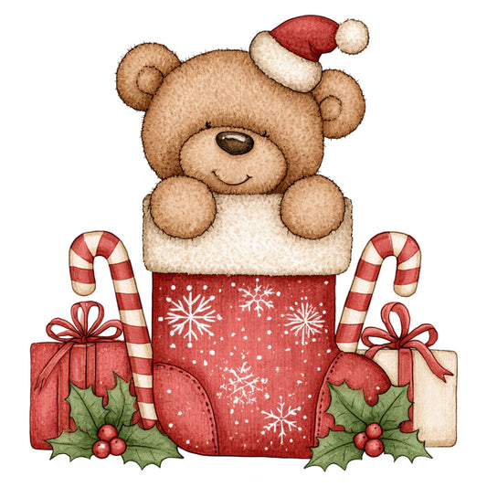 teddy bear, christmas, holiday, candy cane, santa hat, red, cream, tan, brown, snowflake, holly, berries, gift box, whimsical, cute, festive, winter, children, baby, traditional, vintage, nostalgic, striped, seasonal, decoration, cheerful, warm tones, neutral, cozy
