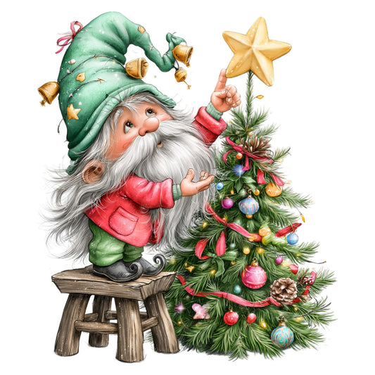 gnome, christmas, holiday, festive, winter, red, green, gold, white, gray, whimsical, traditional, vintage, nostalgic, stars, christmas tree, ornaments, decorations, bells, ribbons, rustic, jolly, seasonal, december, yuletide, enchanted, magical, cheerful, cozy, storybook