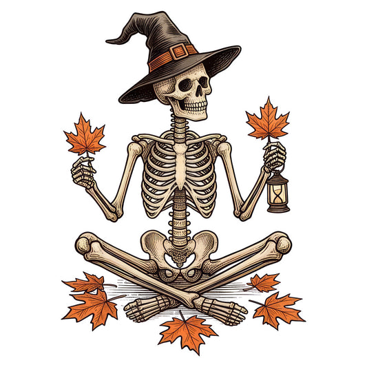 skeleton, witch hat, autumn leaves, fall, halloween, orange, cream, tan, bone, spooky, witchy, seasonal, festive, novelty, themed, rustic, vintage, whimsical, gothic, maple leaves, lantern, crossbones, trick-or-treat, harvest, october, witchcraft, instructional panel, decorative, statement piece