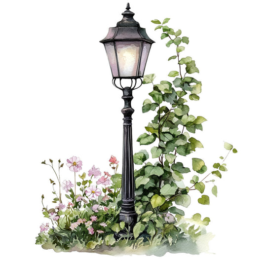 watercolor style, vintage lamppost, pink flowers, green foliage, botanical illustration, english garden, street lamp, floral motif, soft pastels, nature scene, romantic mood, countryside charm, fabric panel, quilting cotton, delicate blooms, garden path, whimsical design, spring theme, leafy vines, antique lighting