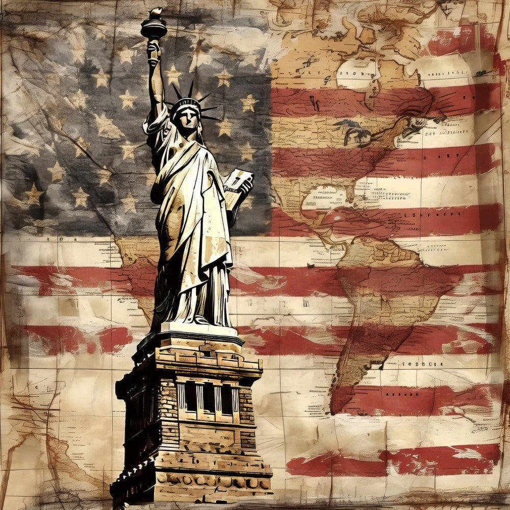 statue of liberty, american flag, patriotic, red white and blue, vintage map, historical, americana, rustic, distressed, cream, tan, burgundy red, stars, stripes, monument, independence day, fourth of july, nostalgic, grunge, antique, heritage, classic americana, liberty torch, national symbols, geography, old world, aged parchment, traditional, wall art, home decor