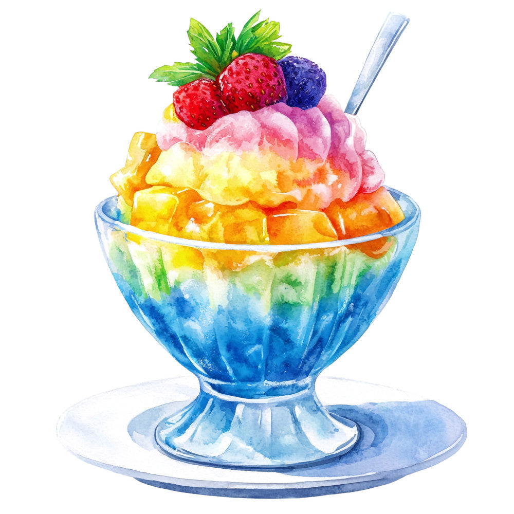 shaved ice, tropical dessert, rainbow colors, watercolor illustration, hawaiian treat, red strawberry, blue blueberry, pink syrup, yellow mango, orange flavoring, glass bowl, summer refreshment, ice crystals, fruit toppings, mint garnish, tropical paradise, fabric panel, quilting cotton, food motif, dessert theme