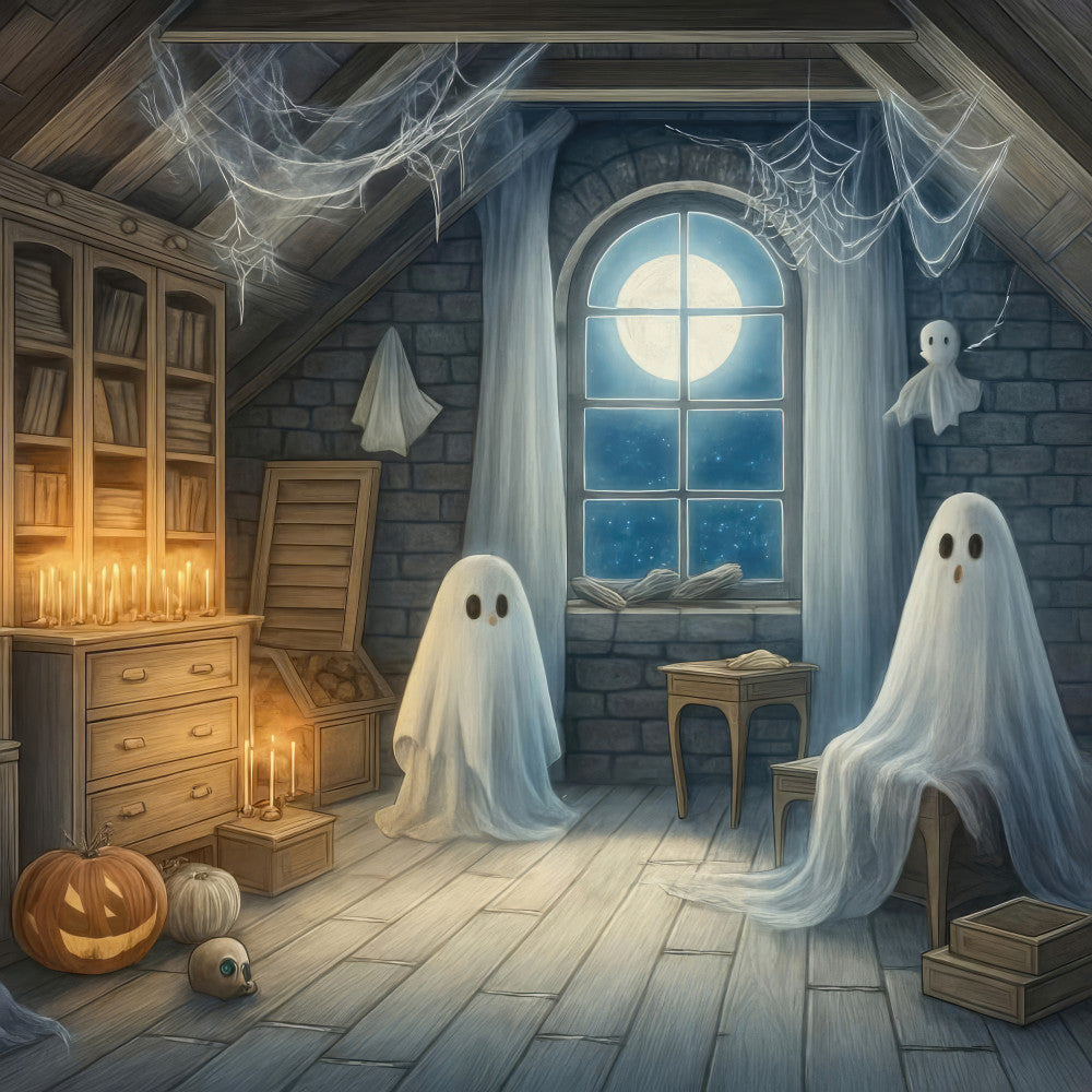 halloween, ghosts, spooky, autumn, fall, jack-o-lantern, pumpkins, moonlight, full moon, night sky, haunted house, cobwebs, candlelight, cream white, pale blue, dark gray, stone gray, vintage, whimsical, gothic, festive, attic, wooden furniture, books, candles, ethereal, mysterious, enchanted, seasonal, trick-or-treat