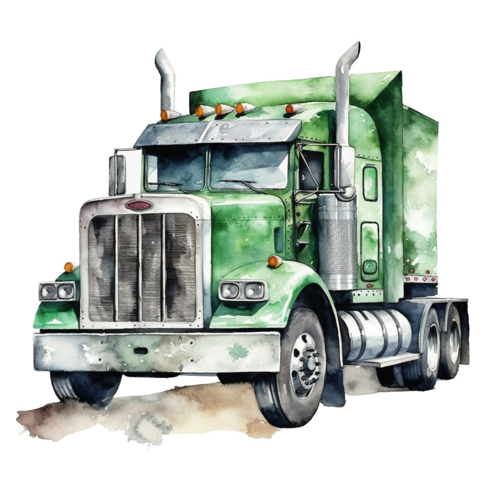 green truck, watercolor style, semi truck, big rig, transportation, vehicle illustration, emerald green, forest green, chrome details, diesel truck, trucker cab, commercial vehicle, automotive art, masculine design, fabric panel, quilting cotton, boys nursery, truck enthusiast, realistic illustration, detailed artwork