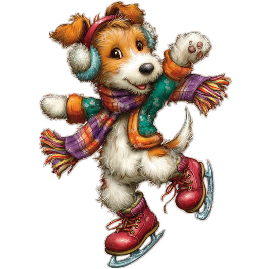 cheerful dog, winter holiday, ice skates, colorful scarves, earmuffs, playful puppy, festive, whimsical, christmas, warm tones, orange, white, purple, teal, red, burgundy, animal theme, joyful, cute, children's design, holiday spirit, winter fun, jumping dog, joy, celebration, cheerful colors, playful style, seasonal, festive design