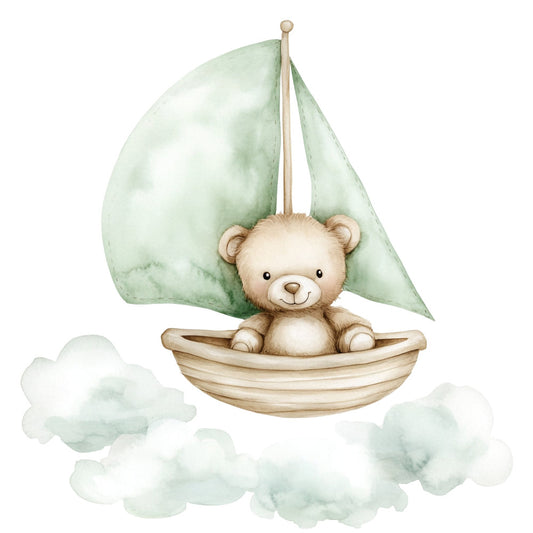 sage green, soft green, cream, beige, tan, teddy bear, sailboat, nautical, whimsical, baby, nursery, children, clouds, watercolor, soft colors, pastoral, gentle, dreamy, sweet, adorable, infant, toddler, nursery decor, baby shower, new baby, celestial, sailing, boat, nature, soft pastels