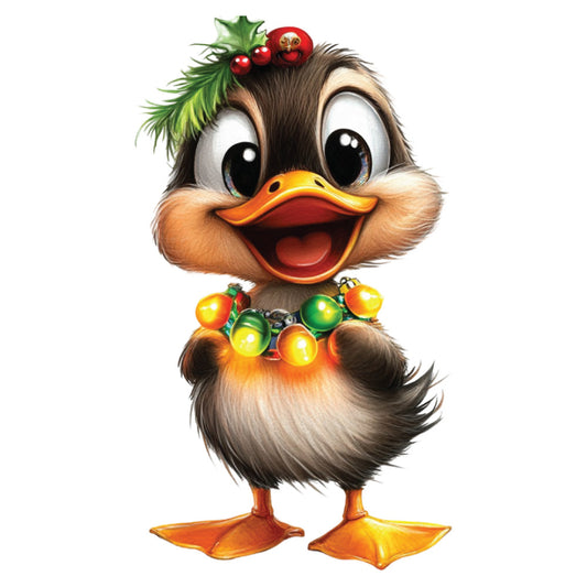 whimsical duck, christmas themed, holiday decorations, brown feathers, orange beak, large eyes, festive lights, holly berries, green foliage, red ornaments, cartoon style, fabric panel, quilting cotton, cheerful expression, seasonal motif, colorful lights, white background, cute character, winter theme, craft fabric