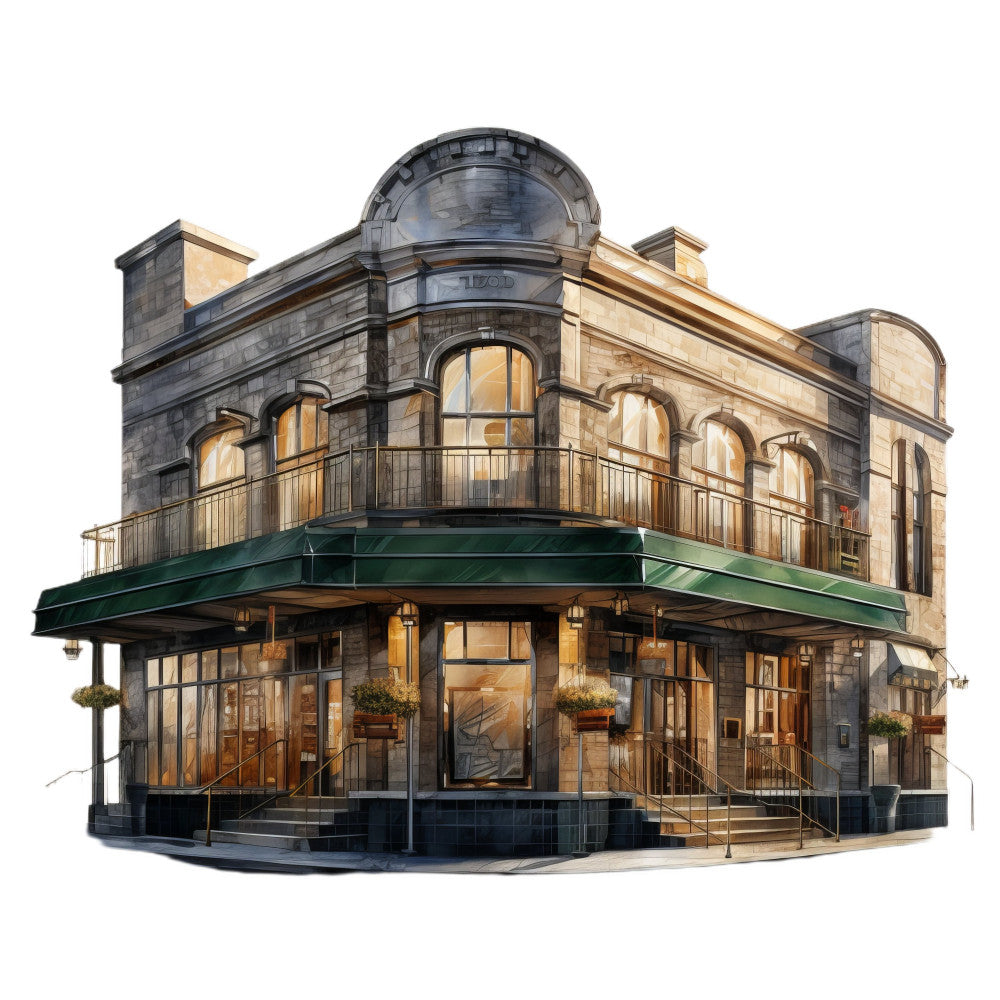 architecture, building facade, vintage, urban, cityscape, stone, brick, window, street scene, historic, nostalgic, monochromatic, gray, beige, tan, cream, sage green, emerald green, traditional, classic, downtown, storefront, illustration, detailed, realistic, travel, wanderlust, old world, european, heritage