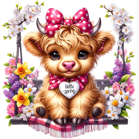 Springtime Highland Cows Fabric Panel 11 featuring a cute highland cow with a pink bow surrounded by spring flowers on a swing.