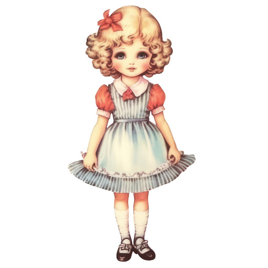 vintage doll, retro girl, coral pink, cream, soft pink, rose red, pale blue, nostalgic, whimsical, 1950s style, classic child character, curly hair, peter pan collar, puffed sleeves, ribbon bow, mary jane shoes, socks, feminine, traditional, storybook, children's illustration, character panel, doll face, sweet, charming, collectible, nursery, baby girl, easter