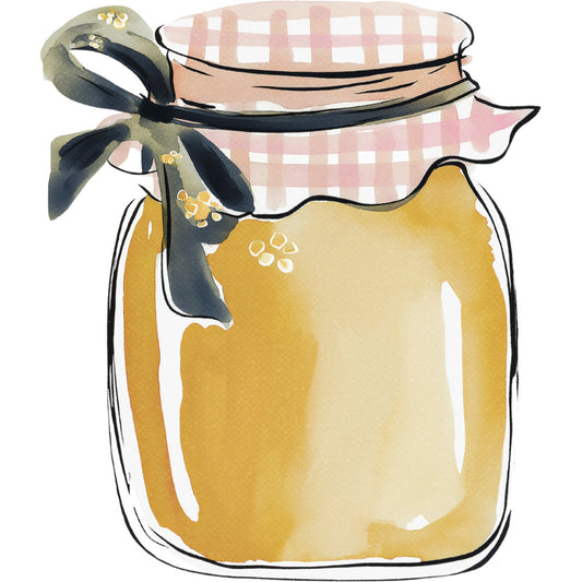 honey gold, golden yellow, cream, pale pink, dusty rose, navy black, checkered gingham, jar illustration, kitchen, farmhouse, vintage, rustic, homemade, preserves, canning, country cottage, botanical, whimsical, charming, cottage core, spring, summer, home décor, table runner, kitchen towel, apron, wall hanging, diy craft, mason jar, ribbon bow