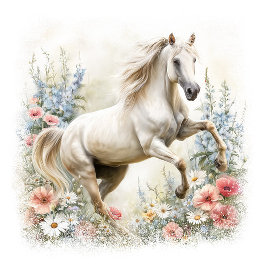 white horse, rearing horse, floral border, pink flowers, blue flowers, white daisies, cream background, flowing mane, fabric panel, equestrian theme, botanical design, pastel colors, wildflowers, realistic illustration, soft watercolor style, nature scene, quilting cotton, horse portrait, delicate florals, meadow flowers