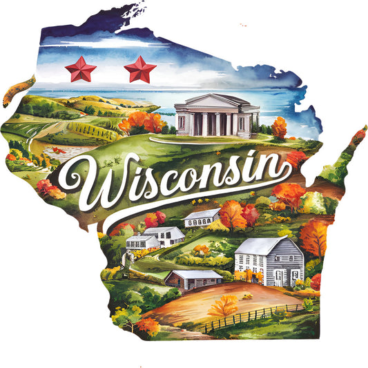Classic US States Fabric Panel 46 featuring a detailed Wisconsin landscape with iconic landmarks and vibrant autumn colors.