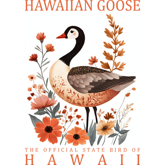 hawaiian goose, state bird, hawaii, orange flowers, coral blooms, botanical illustration, cream background, black neck, brown wings, watercolor style, fabric panel, quilting cotton, autumn colors, rust orange, sage green, decorative birds, nature design, floral motif, warm tones, artistic rendering
