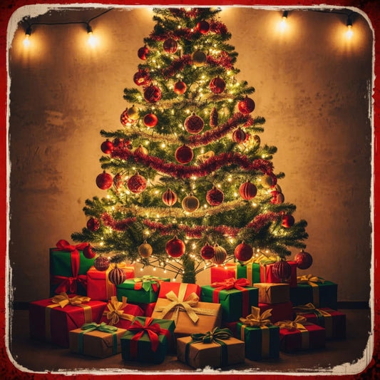 christmas, holiday, festive, red ornaments, gold lights, evergreen, tree, wrapped gifts, presents, traditional, elegant, warm gold, deep red, forest green, metallic gold, vintage, nostalgic, winter, seasonal, decorative, home decor, wall hanging, Christmas tree, baubles, tinsel, ribbon bows, golden lighting, classic Christmas
