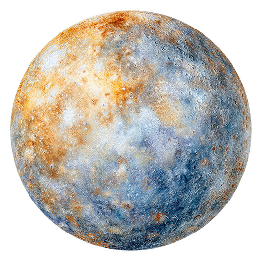 celestial, planet, space, astronomy, moon, lunar, crater, rust orange, dusty blue, steel gray, tan, beige, white, bronze, copper, textured, abstract, cosmic, galactic, scientific, educational, nature, modern, contemporary, neutral tones, metallic accents, spherical, surface detail, wall hanging, home decor