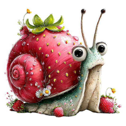bright red, coral pink, sage green, cream, yellow, whimsical, cute, snail, strawberry, nature, garden, insects, playful, children's, spring, summer, fantasy, storybook, woodland creatures, bumble bee, butterfly, flowers, daisy, daisies, animated, charming, decorative