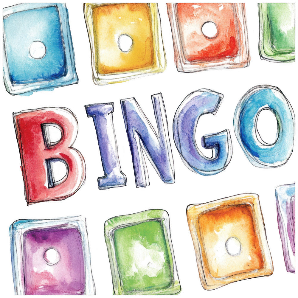 watercolor, bingo, game pieces, squares, circles, red, blue, yellow, orange, green, purple, pink, aqua, fabric panel, quilting cotton, gaming theme, geometric shapes, hand painted style, soft gradients, entertainment motif, craft fabric