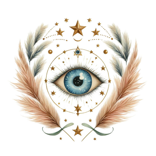 celestial, mystical, eye, stars, gold, blue, cream, beige, tan, wheat, botanical, feathers, wings, crescent moon, spiritual, bohemian, whimsical, third eye, all-seeing eye, nature, elegant, vintage, magical, dreamy, cosmic, star pattern, eye motif, ethereal, ornamental, decorative