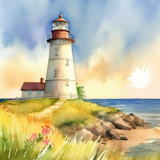lighthouse, coastal, nautical, seaside, ocean, beach, cream, ivory, rust orange, copper, golden yellow, sky blue, sandy beige, grass green, sunset, sunrise, scenic, landscape, cottage, keeper's house, wildflowers, coastal living, beach house, summer, seascape, watercolor style, peaceful, tranquil, rustic, traditional