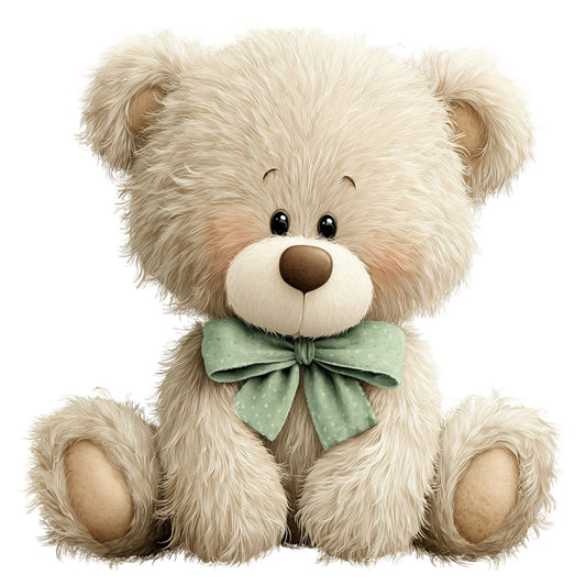 cream teddy bear, sage green, soft green, beige, tan, brown nose, cute animals, children's theme, baby theme, whimsical, sweet, adorable, teddy bear bow, polka dot bow, gentle, nursery, baby quilt, children's quilt, stuffed animal, kawaii, soft pastels, neutral colors, friendly, playful, animal motifs, baby shower, newborn, gender neutral, cottage core, tender