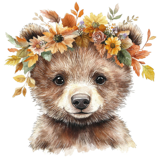 bear, woodland animals, autumn, fall, floral crown, flowers, daisies, sunflowers, roses, brown, tan, cream, golden yellow, rust orange, dusty rose, sage green, whimsical, nature, forest, rustic, cute animals, baby quilt, nursery, children's, wildlife, botanical, cottage core, farmhouse, sweet, gentle