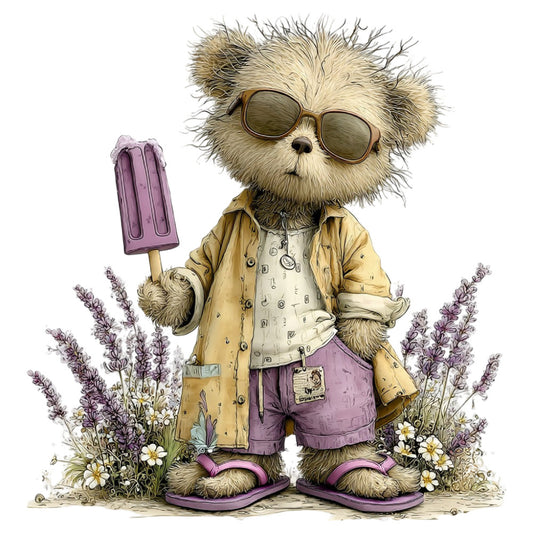 whimsical, cute animal, fluffy cat, sunglasses, lavender purple, soft yellow, cream, vintage style, retro fashion, whimsy character, quirky, playful, children's, illustration, stylized, artistic, floral accents, daisies, lavender flowers, nature inspired, summer, spring, character panel, novelty print, humorous, fashion forward, bohemian, casual style, kid's fabric, storybook illustration