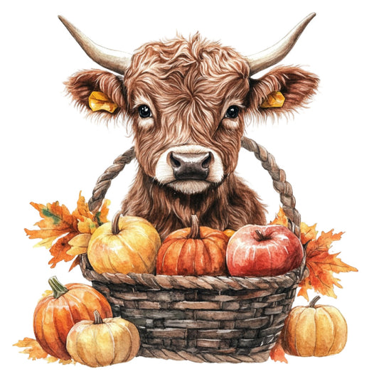 highland cow, fall harvest, autumn, pumpkins, rustic, farmhouse, animals, cattle, long horns, brown, cream, golden yellow, burnt orange, rust orange, apples, basket, leaves, whimsical, country, farm animals, folk art, traditional, seasonal, thanksgiving, fall decor, wall hanging, home decor, nature, livestock