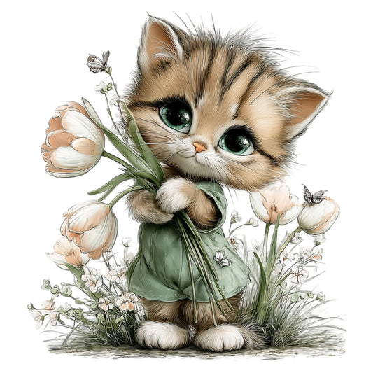cute kitten, tabby cat, floral, botanical, tulips, wildflowers, butterflies, nature, whimsical, illustrated, soft colors, cream, sage green, tan, brown, pastel, spring, baby, children's, animal themed, woodland, garden, delicate, hand drawn, artistic, storybook style, nursery, sweet, gentle