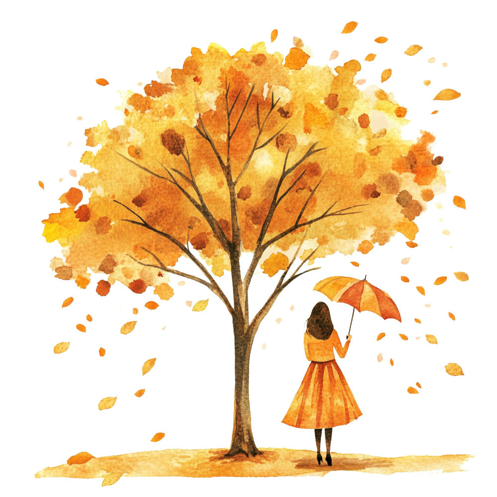 autumn, fall, golden yellow, burnt orange, rust, amber, warm tones, nature, trees, girl with umbrella, whimsical, watercolor, falling leaves, seasonal, cozy, harvest, woodland, girl figure, umbrella, autumn fashion, romantic, dreamy, illustration art, decorative panel, wall hanging, children's, storybook style, nostalgic, artistic, hand-painted look