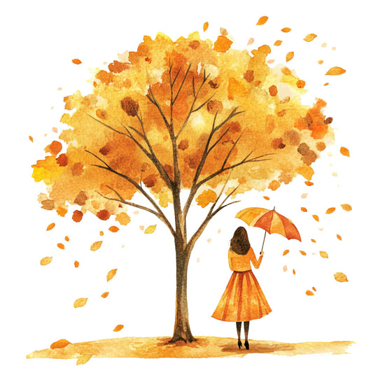 autumn, fall, golden yellow, burnt orange, rust, amber, warm tones, nature, trees, girl with umbrella, whimsical, watercolor, falling leaves, seasonal, cozy, harvest, woodland, girl figure, umbrella, autumn fashion, romantic, dreamy, illustration art, decorative panel, wall hanging, children's, storybook style, nostalgic, artistic, hand-painted look