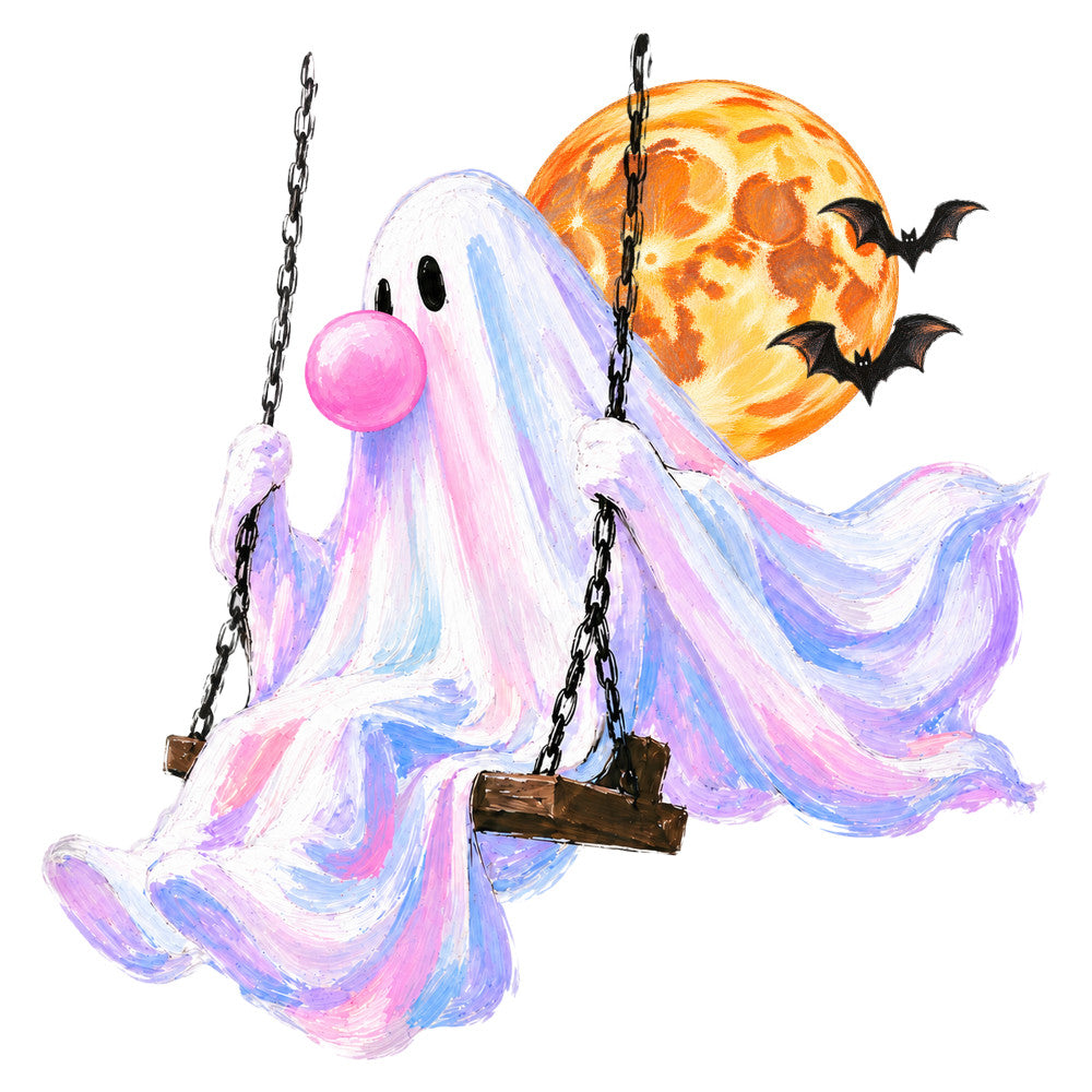 ghost, halloween, pastel purple, lavender, hot pink, magenta, orange moon, celestial, bats, whimsical, playful, spooky, autumn, fall, holiday, abstract, painted, watercolor, ethereal, magical, costume, trick or treat, haunted, child-friendly, decorative, festive, seasonal, enchanted, mystical