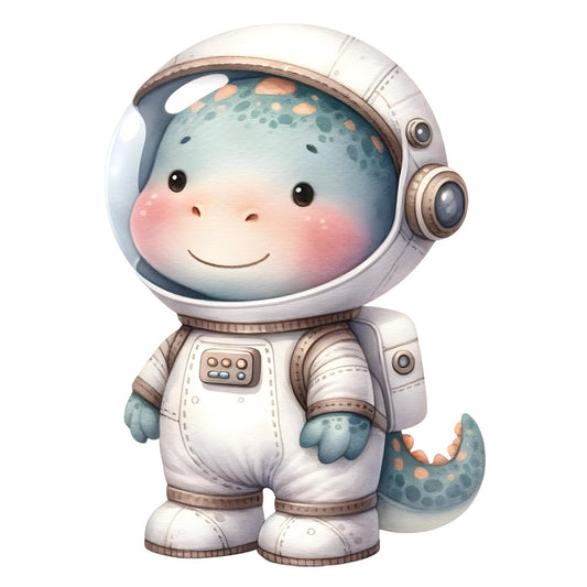 cute astronaut, space theme, whimsical character, baby fabric, children's design, celestial, teal blue, cream white, coral pink, sage green, peach, sweet face, smiling character, space exploration, nursery decor, playful style, kawaii, illustrated character, space suit, helmet visor, friendly expression, rosy cheeks, modern whimsical, gender neutral, baby quilt, wall hanging, space adventure, character panel, soft colors, gentle design