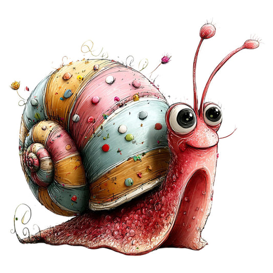 whimsical snail, coral red, soft pink, golden yellow, sage green, light blue, colorful stripes, character design, cute animals, garden creatures, mollusks, children's illustration, playful, cheerful, fantasy, decorative, children's fabric, nursery, storybook style, detailed pattern, multicolor, segmented shell, large scale print, novelty, conversation print, quirky characters, eyes with antennae, textured look, fun design, kids' quilt