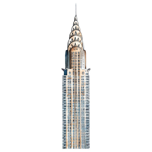 art deco, chrysler building, architecture, geometric, vintage, cream, tan, beige, navy blue, steel blue, skyscraper, new york, 1920s, 1930s, retro, elegant, art nouveau, building motif, urban landscape, cityscape, iconic landmark, decorative arts, ornamental spire, triangular crown, metallic accents, sophisticated, timeless, nostalgic, americana