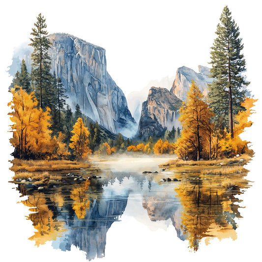 fabric panel, watercolor style, autumn foliage, mountain landscape, lake reflection, golden yellow, orange trees, blue granite cliffs, evergreen pines, serene water, fall colors, nature scene, rocky mountains, forest trees, peaceful valley, quilting cotton, scenic vista, wilderness, misty atmosphere, outdoor adventure