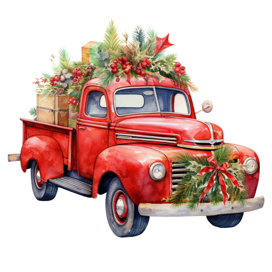 red truck, vintage pickup, christmas truck, holiday decorations, evergreen branches, red berries, gift boxes, watercolor style, festive garland, pine needles, winter theme, fabric panel, quilting cotton, christmas fabric, holiday crafting, vintage automobile, seasonal design, red and green, botanical elements, wrapped presents