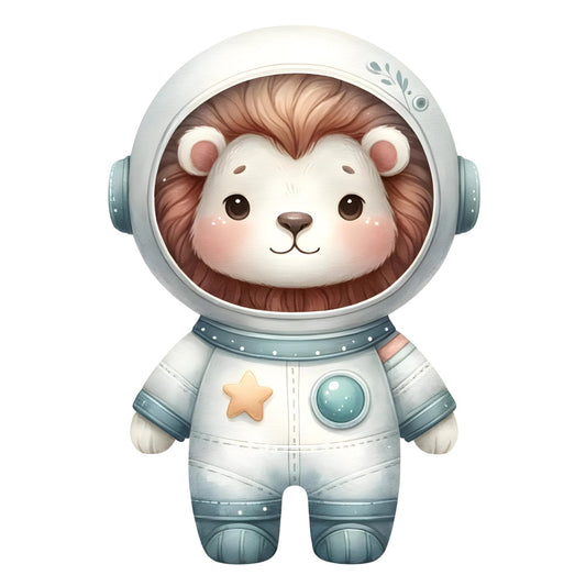 astronaut lion, space theme, cute animals, children's fabric, nursery, baby quilt, whimsical style, stars, celestial, animals in space, space suit, helmet, soft colors, cream, light blue, dusty blue, brown, gentle, modern, playful, adorable character, kids fabric, animal lovers, gender neutral, soft pastel, space adventure, kawaii style, illustration, cute character design, bedtime story