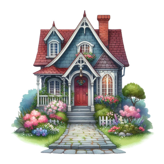 cottage, house, Victorian, storybook, whimsical, fairy tale, garden, floral, roses, hydrangeas, pink flowers, red door, stone pathway, architecture, home, cozy, charming, countryside, English garden, spring, summer, rustic, elegant, traditional, blue-gray walls, red roof, chimney, window boxes, landscaping, pastoral