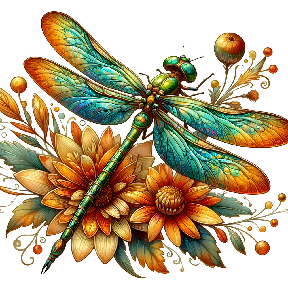 dragonfly, orange, gold, turquoise, teal, green, rust, amber, floral, nature, botanical, insects, wings, whimsical, elegant, detailed, intricate, summer, autumn, vibrant, colorful, artistic, decorative, fantasy, magical, wall hanging, home decor, flowers, dahlias, ornamental