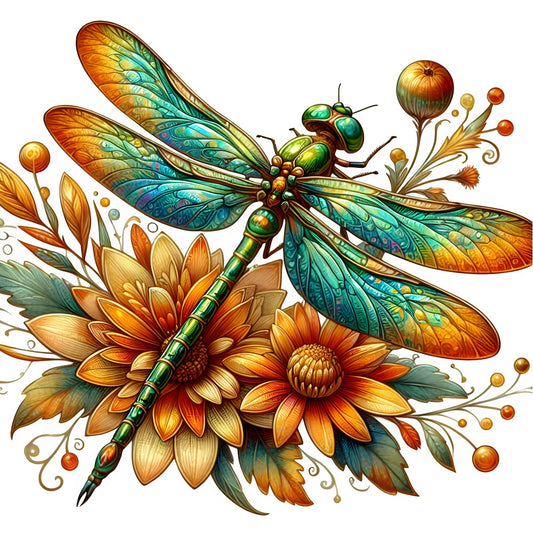 dragonfly, orange, gold, turquoise, teal, green, rust, amber, floral, nature, botanical, insects, wings, whimsical, elegant, detailed, intricate, summer, autumn, vibrant, colorful, artistic, decorative, fantasy, magical, wall hanging, home decor, flowers, dahlias, ornamental