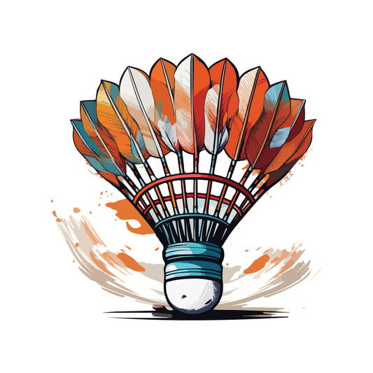 badminton, sport, orange, white, cream, teal blue, rust orange, coral orange, geometric, abstract, athletic, modern, whimsical, playful, sports equipment, shuttlecock, birdie, racquet sport, action, dynamic, splash effect, watercolor style, illustration, contemporary, casual, recreational, games, summer, active lifestyle