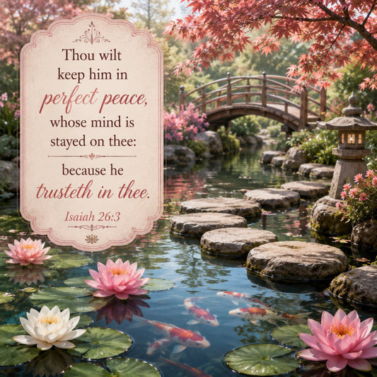 peaceful garden, spiritual, faith, scripture, religious, inspirational, lotus flowers, water lily, koi fish, bridge, japanese garden, zen garden, nature, botanical, pink flowers, coral pink, cream, sage green, dusty rose, red maple leaves, autumn foliage, serene, tranquil, elegant, traditional, fabric panel, wall hanging, meditation, trust in god, quote